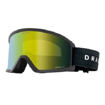 Pair of ski goggles with a black strap and mirrored yellow-green lenses.
