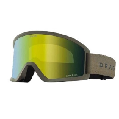 Goggles with a green‑yellow mirrored lens and gray frame, strap reading DRAG.