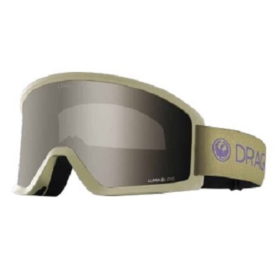 Tan ski goggles with a mirrored lens and beige strap reading Dragon
