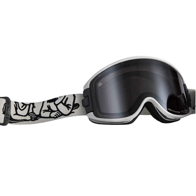 Snow goggles with a black-and-white illustrated strap and dark lenses, designed for winter sports protection.