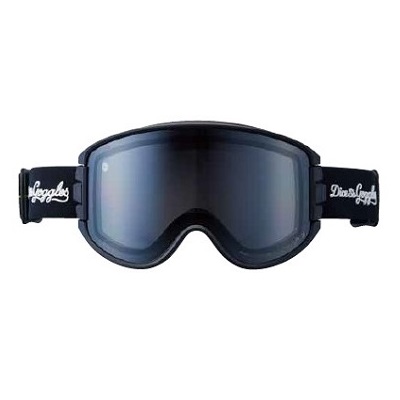 Black ski goggles with dark blue mirrored lenses and an adjustable elastic strap for snow sports.