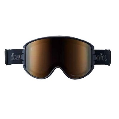 Black ski goggles with brown mirrored lenses and an adjustable strap.