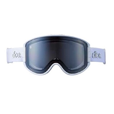 Snow ski goggles with a light blue strap and dark tinted lenses.