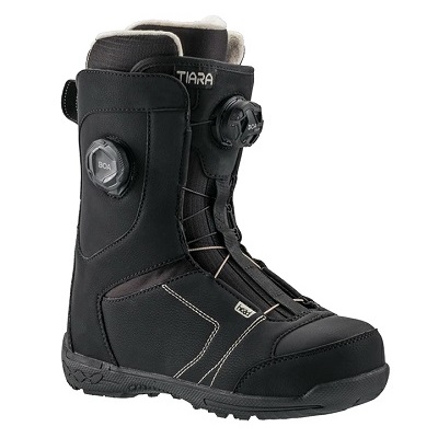 Black snowboard boot with a BOA dial, mid-height cuff, and rugged tread designed for snowboarding.
