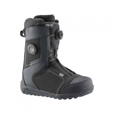 Gray and black snowboarding boot with a dial lacing system, strap at the top, and rugged sole.