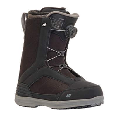K2 dark brown snowboard boot with black overlays, gray sole, and a Boa dial for lacing.
