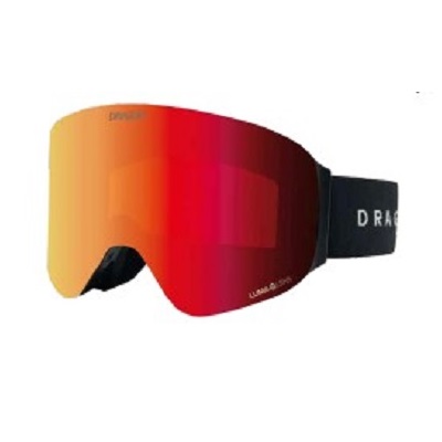 Snow goggles with a mirrored orange-to-red lens and a black strap.