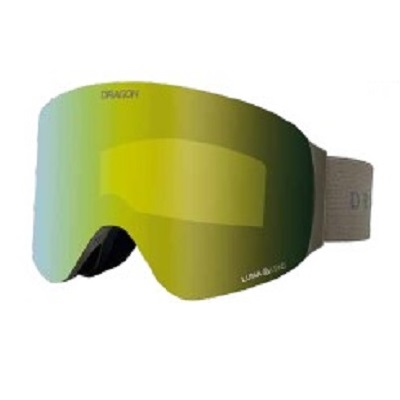 Snowboard/ski goggles with a yellow-green mirrored lens and gray strap, brand name Dragon visible on the lens.