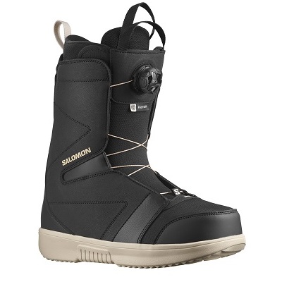 Black Salomon snowboard boot with a beige sole, reinforced toe, and quick-pull lacing system.