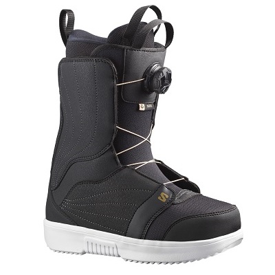 Black snow boot with a white sole and Boa dial lacing system for adjustable tightening.