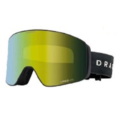 Pair of ski goggles with a yellow-green mirrored lens and a black strap.