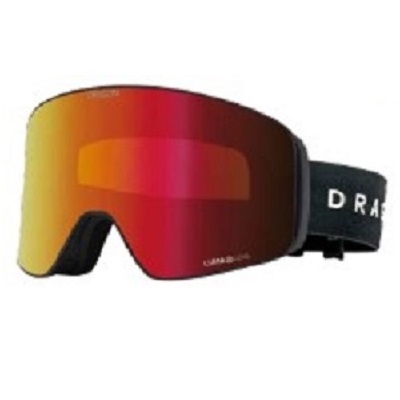 Ski goggles with a mirrored orange-to-red lens and a black strap.