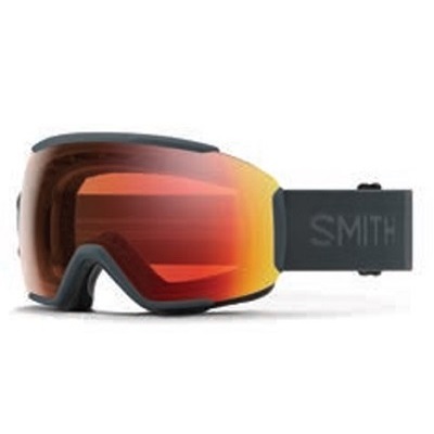 Smith ski goggles with a black frame and orange mirrored lens, strap showing the 'SMITH' logo.