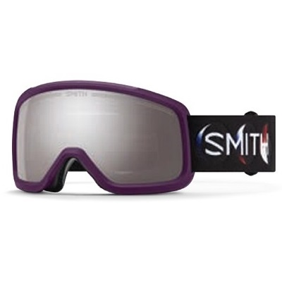 Purple-framed ski goggles with mirrored lenses and a Smith strap.