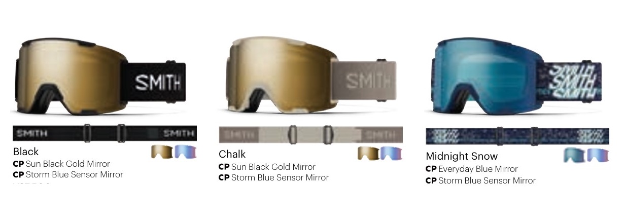 Three Smith ski/goggles colorways: Black with gold mirror lens, Chalk with gold mirror lens, and Midnight Snow with blue mirror lens.