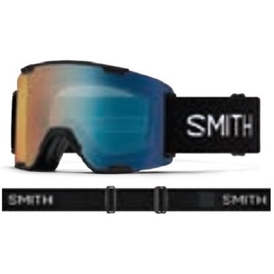 Smith ski goggles with blue mirrored lens and adjustable black strap showing the SMITH logo