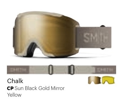 smithsquad2 - SHOP NEWS | ムラサキスポーツオンラインストア 通販 Smith ski goggles with gold-mirror lenses and a gray strap; colorway Chalk Sun Black Gold Mirror Yellow.