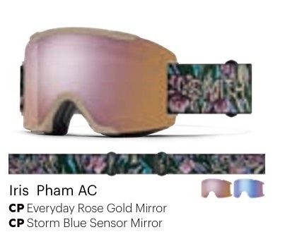 smithsquad - SHOP NEWS | ムラサキスポーツオンラインストア 通販 Goggles with pink rose-gold mirrored lens and printed strap; product Iris Pham AC; color options: Rose Gold Mirror, Storm Blue Sensor Mirror.