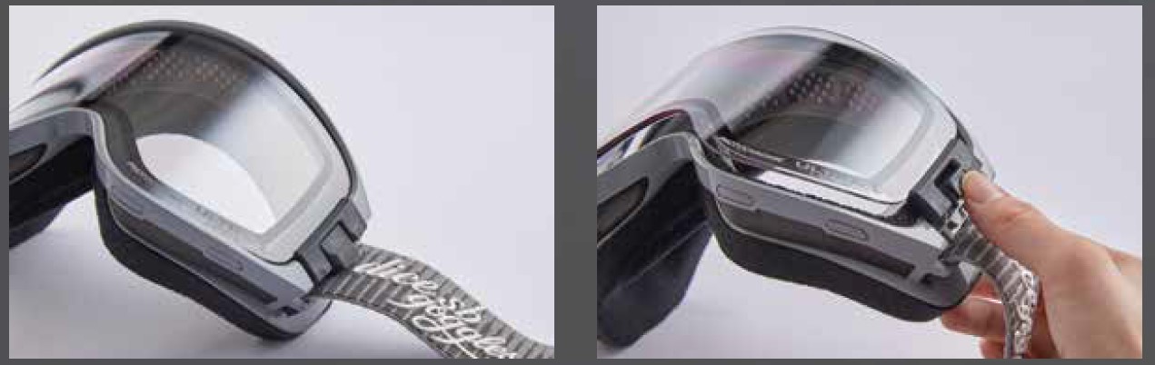 スクリーンショット 2026-07-01 160305 - SHOP NEWS | ムラサキスポーツオンラインストア 通販 Pair of ski goggles with clear lenses and a patterned grey strap; left image shows the front view, right image shows adjusting the strap.