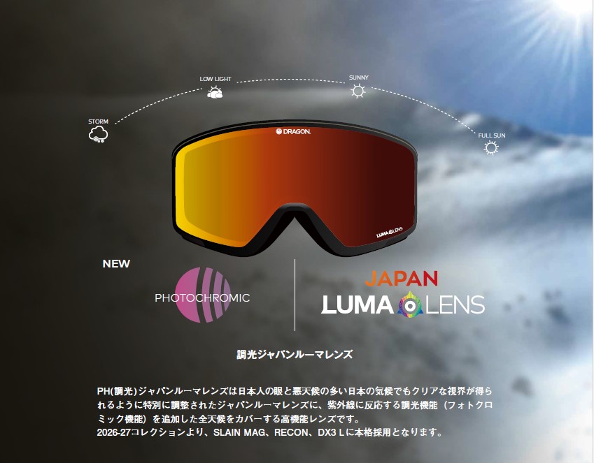 スクリーンショット 2026-07-16 165127 - SHOP NEWS | ムラサキスポーツオンラインストア 通販 Goggles with orange-to-brown lenses; arc above shows light conditions from storm to full sun and the Japan LumaLens branding.