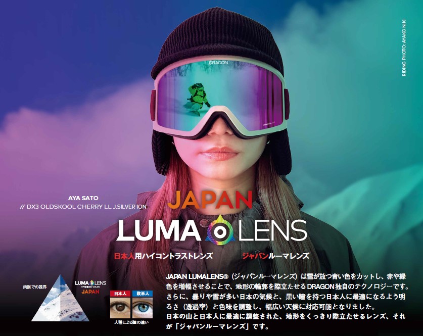 スクリーンショット 2026-07-16 165353 - SHOP NEWS | ムラサキスポーツオンラインストア 通販 Promotional poster for LUMALENS Japan showing a person wearing reflective ski goggles against a blue‑pink gradient background; bold 'JAPAN LUMALENS' text.
