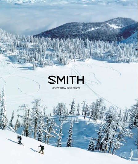 Snowy mountain landscape with pine trees and two skiers on a slope; catalog cover showing the SMITH logo and 'Snow Catalog 2026/27'