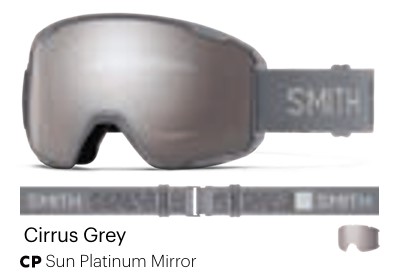 Smith Cirrus Grey ski goggles with Sun Platinum Mirror lenses and adjustable gray strap.