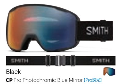 Smith black ski goggles with blue mirror pro photochromic lenses and a black adjustable strap reading SMITH on the side.