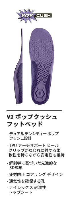 スクリーンショット 2026-08-13 163600 - SHOP NEWS | ムラサキスポーツオンラインストア 通販 Purple V2 Pop Cush Footbed shown from side with textured sole; logo at top and Japanese product name with feature bullets describing dual-density cushion, TPU arch support, heel clip, and breathable top sheet.