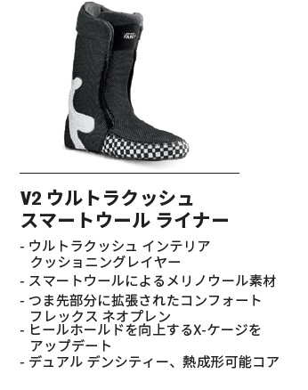 スクリーンショット 2026-08-13 163758 - SHOP NEWS | ムラサキスポーツオンラインストア 通販 Black sock-style boot with a checkered toe, labeled V2 Ultra Crunch Smart Liner; product feature list in Japanese.