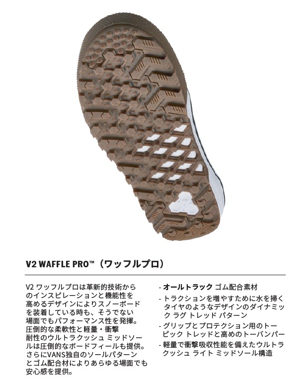 スクリーンショット 2026-08-13 163858 - SHOP NEWS | ムラサキスポーツオンラインストア 通販 Bottom view of a sneaker outsole with V2 Waffle Pro tread pattern in brown, featuring multi-directional lugs and a cutaway tread area.