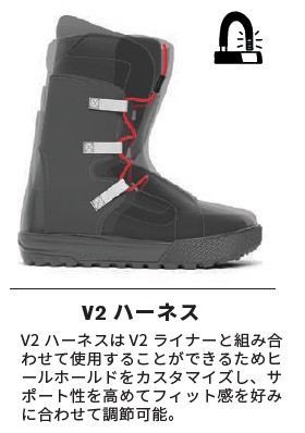 スクリーンショット 2026-08-13 164319 - SHOP NEWS | ムラサキスポーツオンラインストア 通販 Black snowboard boot with red lace straps and white buckles, labeled V2 Harness.