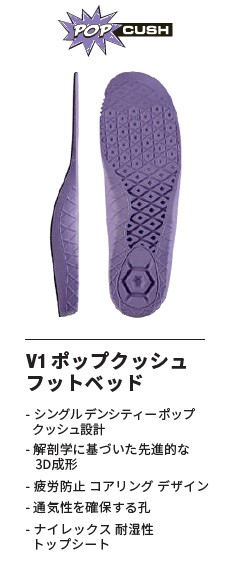 スクリーンショット 2026-08-13 181724 - SHOP NEWS | ムラサキスポーツオンラインストア 通販 Product image of a purple V1 Pop Cush footbed shown from side and bottom views, highlighting the textured sole and branding above.